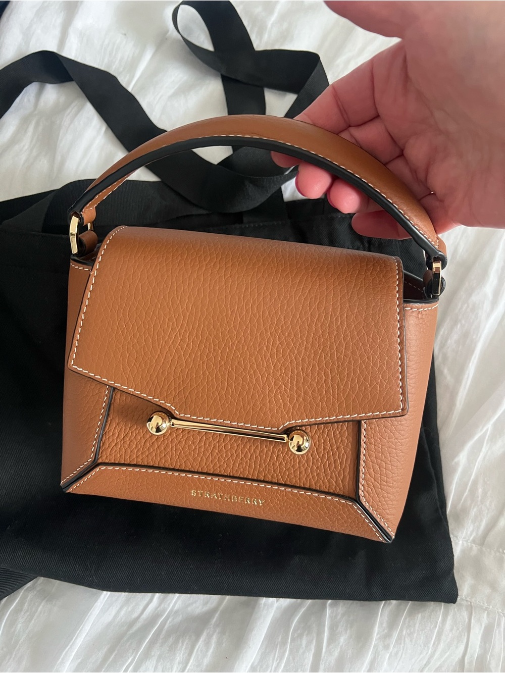 Strathberry Tan Leather Top-Handle Crossbody Bag Nano Mosaic like new - Picture 2 of 15